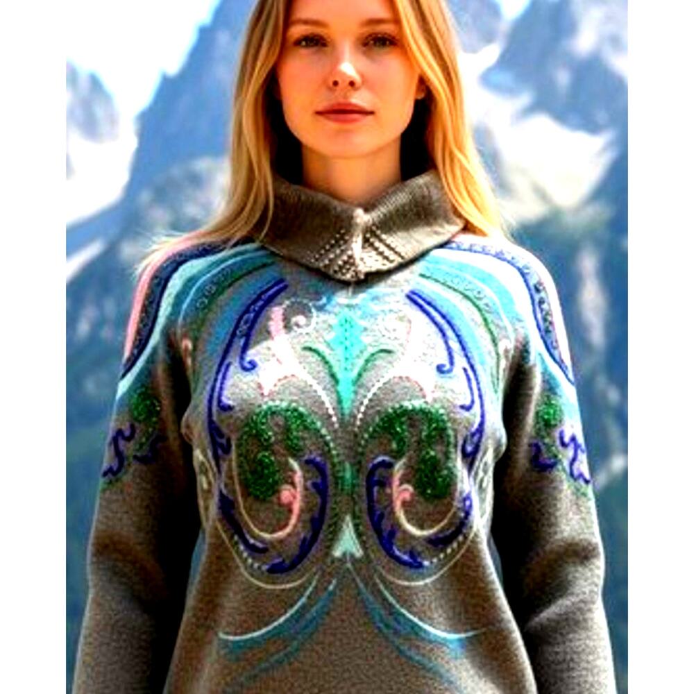 Vtg Beaded Jewel Sweater Angora Cozy Artsy Turtleneck Holiday 90s Glam Rock L